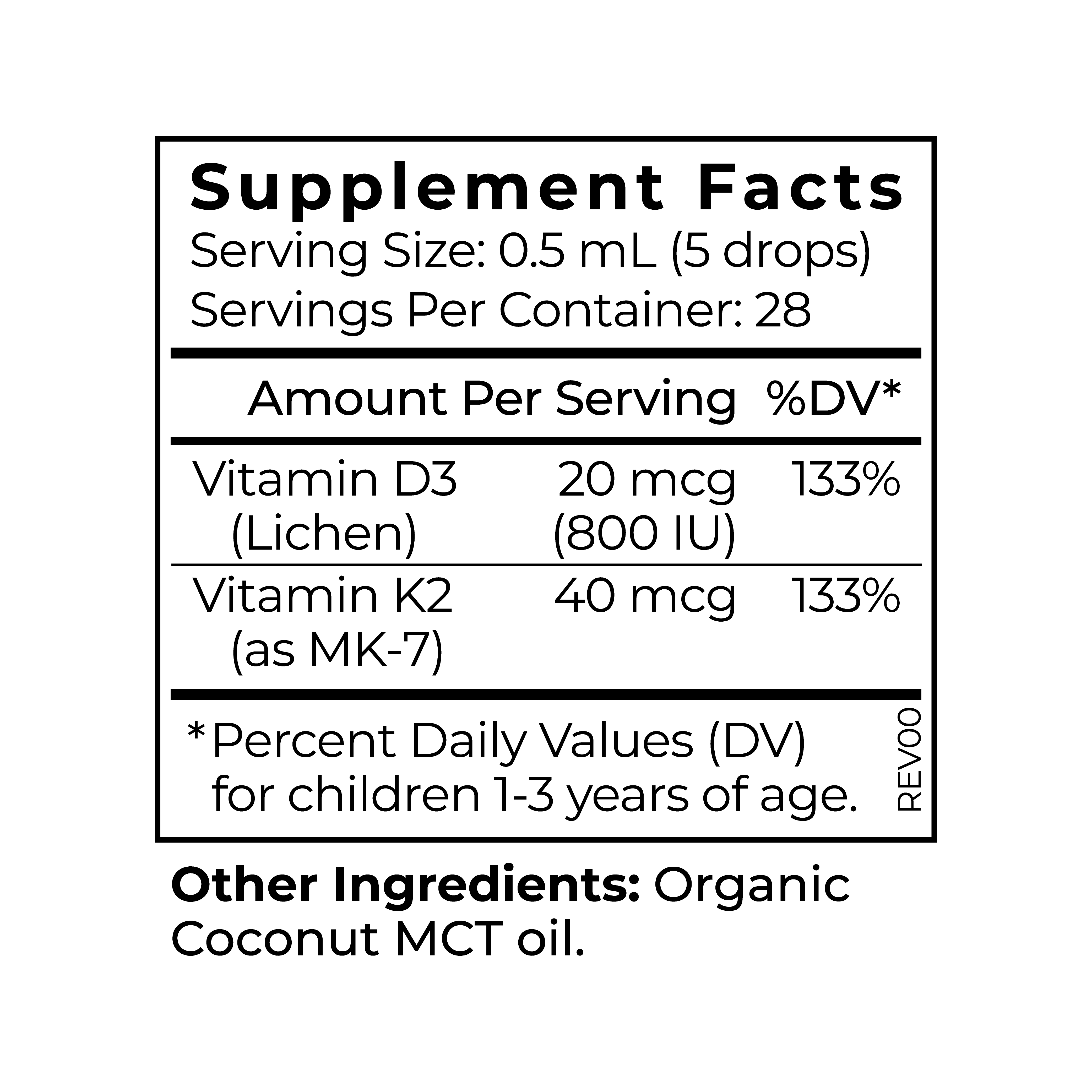 Cymbiotika® Kids Toddler D3+K2 Bottle and Box Supplement Facts Panel